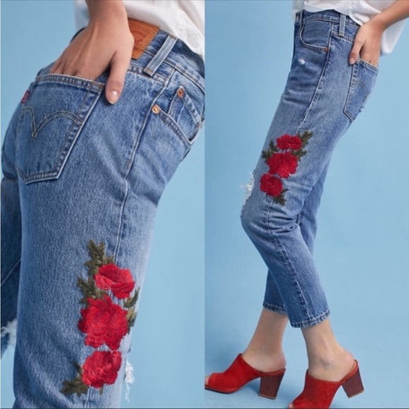 Levi's Denim - Anthropologie x Levi’s 501 Floral Embroidered Distressed Cropped Taper 27